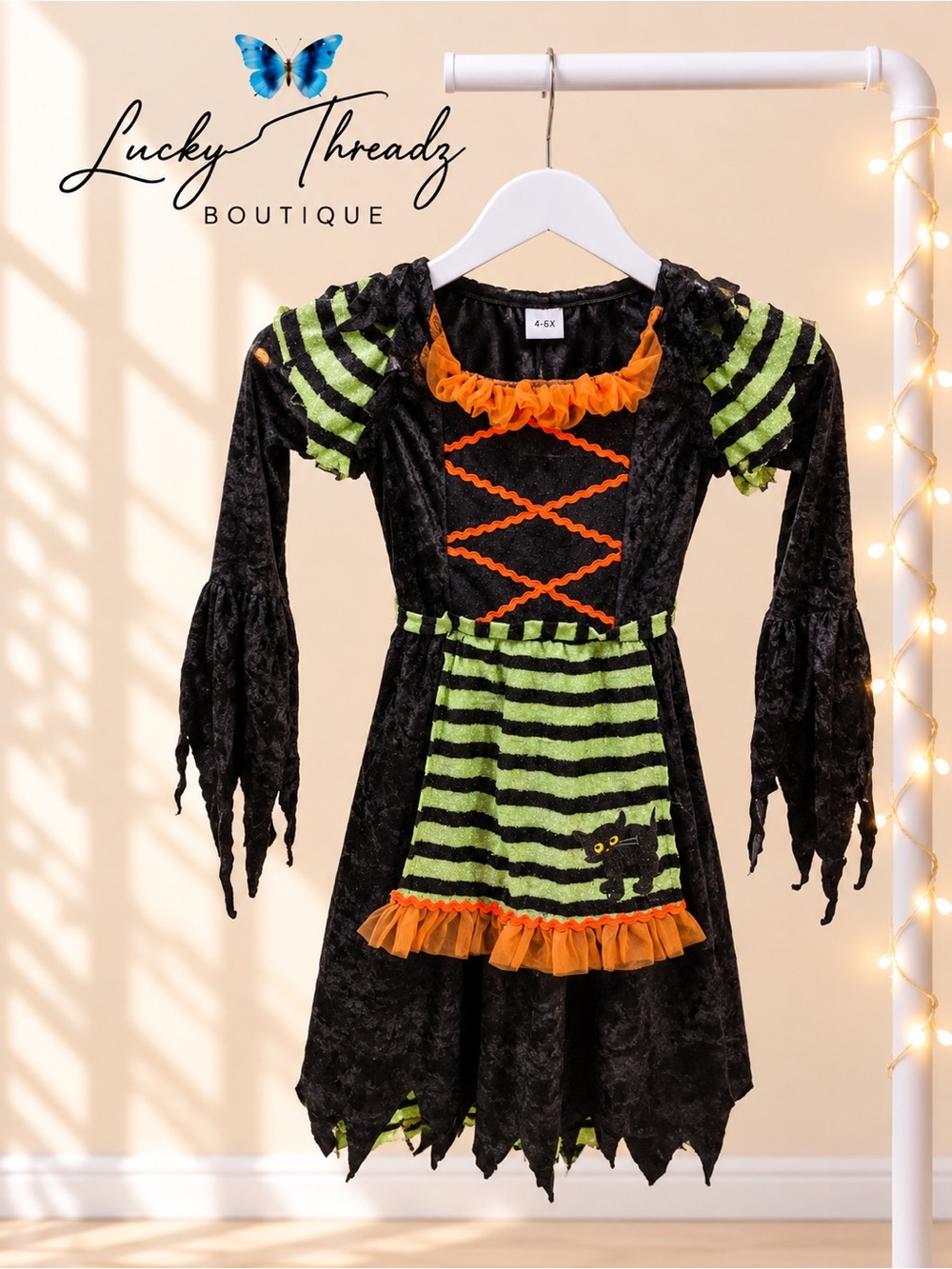 Cute Girls Witch Costume Dress Black Green Orange Halloween Disguise Size 4-6X